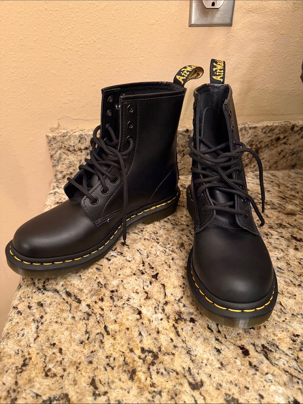 Dr. Martens Black Leather 8-Eye Lace-Up Boots with Yellow Stitching